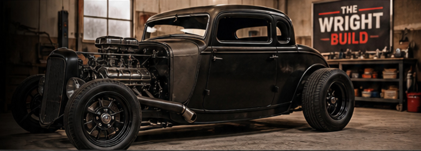 Black custom hot rod inside The Wright Build workshop